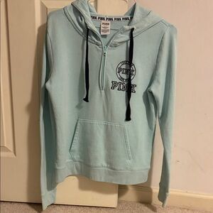 PINK Victoria's Secret Light Blue Half-Zip Hoodie with Black Drawstrings